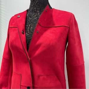 Red Stretch Faux Suede Snap Close Coat Collarless Jacket Pocket Travel Size 2 XS